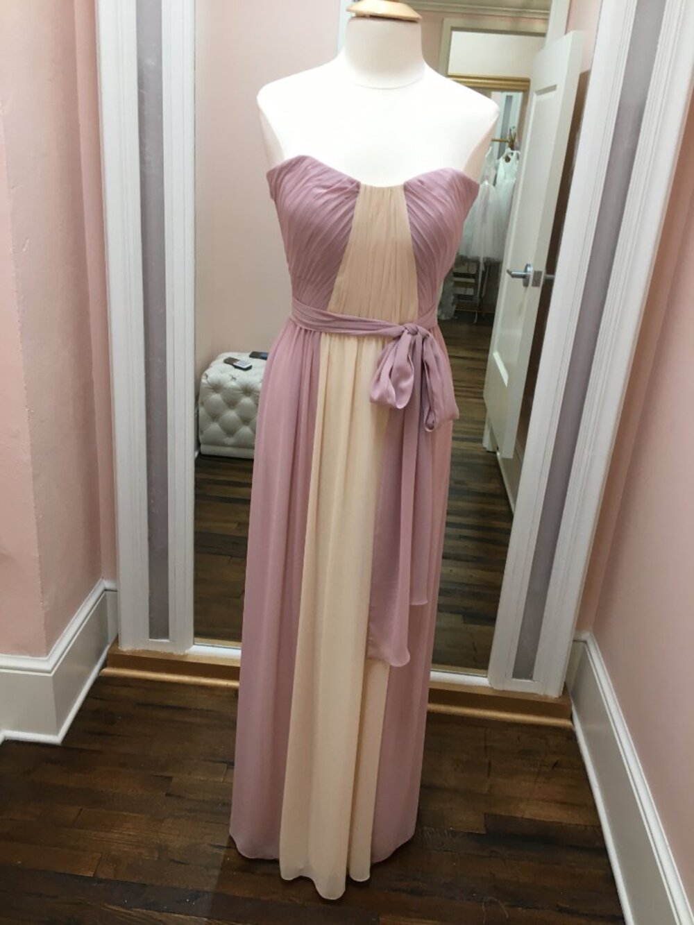 Pink & Cream Long Chiffon Bridesmaid Dress Strapless Pleated Bodice B2 Jasmine